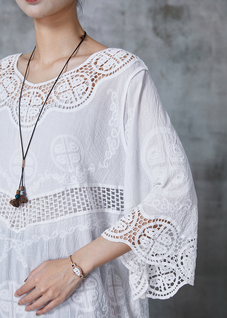 Elegant White Oversized Patchwork Lace Cotton Blouses Flare Sleeve