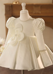 Elegant White Patchwork Nail Bead Tulle Girls Mid Dress Puff Sleeve