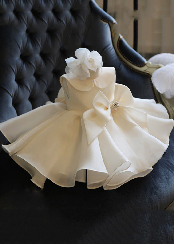 Elegant White Peter Pan Collar Bow Tulle Kids Long Dress Summer