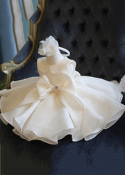 Elegant White Peter Pan Collar Bow Tulle Kids Long Dress Summer