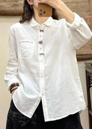 Elegant White Peter Pan Collar Button Bow Shirt Long Sleeve