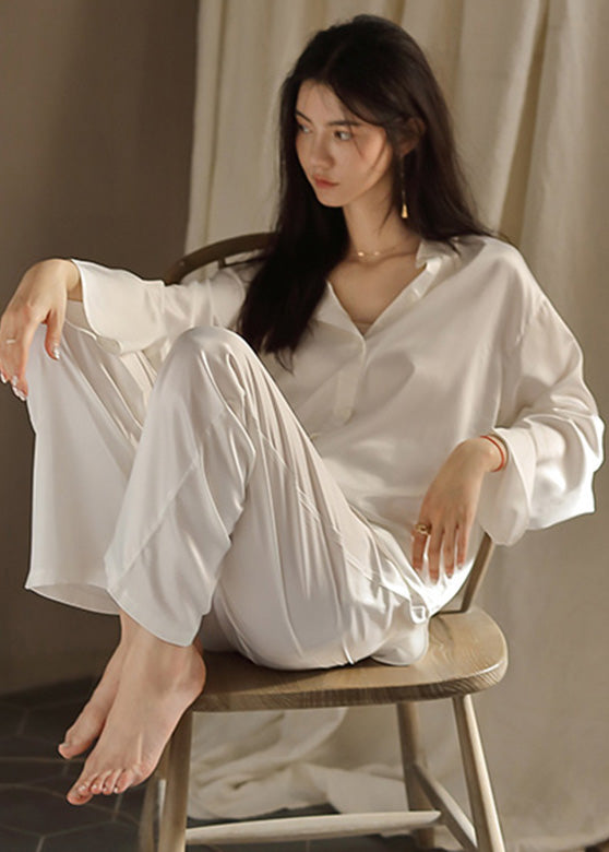 Elegant White Peter Pan Collar Button Solid Ice Silk Pajamas Two Piece Set Spring