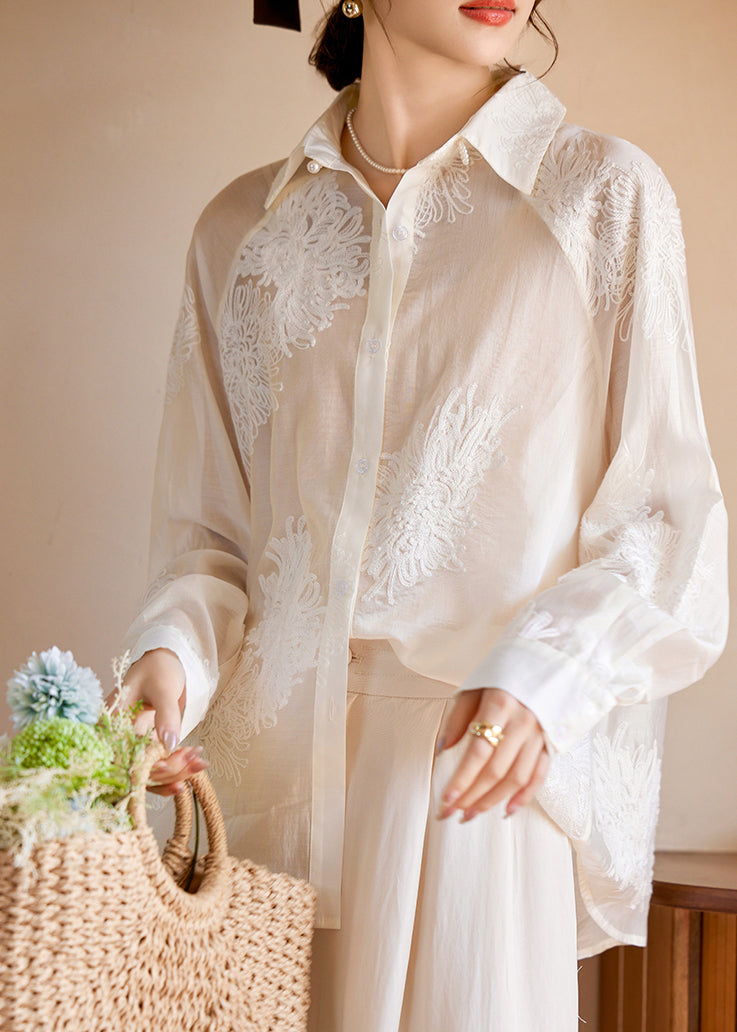 Elegant White Peter Pan Collar Embroidered Button Silk Shirts Fall