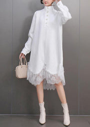 Elegant White Peter Pan Collar Lace Patchwork Long Dresses Spring