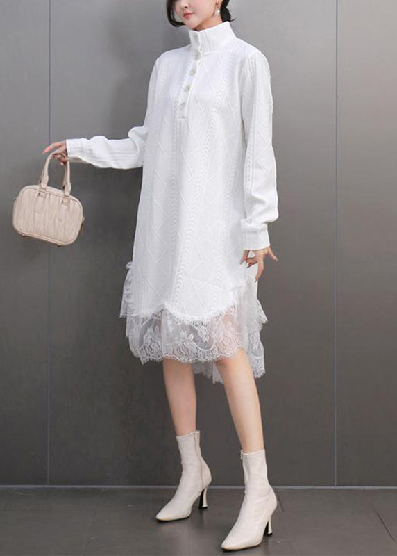 Elegant White Peter Pan Collar Lace Patchwork Long Dresses Spring