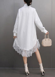 Elegant White Peter Pan Collar Lace Patchwork Long Dresses Spring