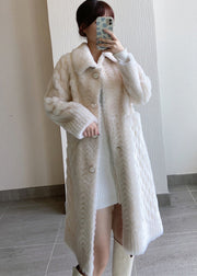 Elegant White Peter Pan Collar Pockets Woolen Coat Winter