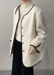 Elegant White Pockets Patchwork Woolen Coat Long Sleeve