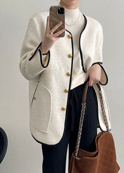 Elegant White Pockets Patchwork Woolen Coat Long Sleeve