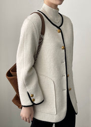 Elegant White Pockets Patchwork Woolen Coat Long Sleeve