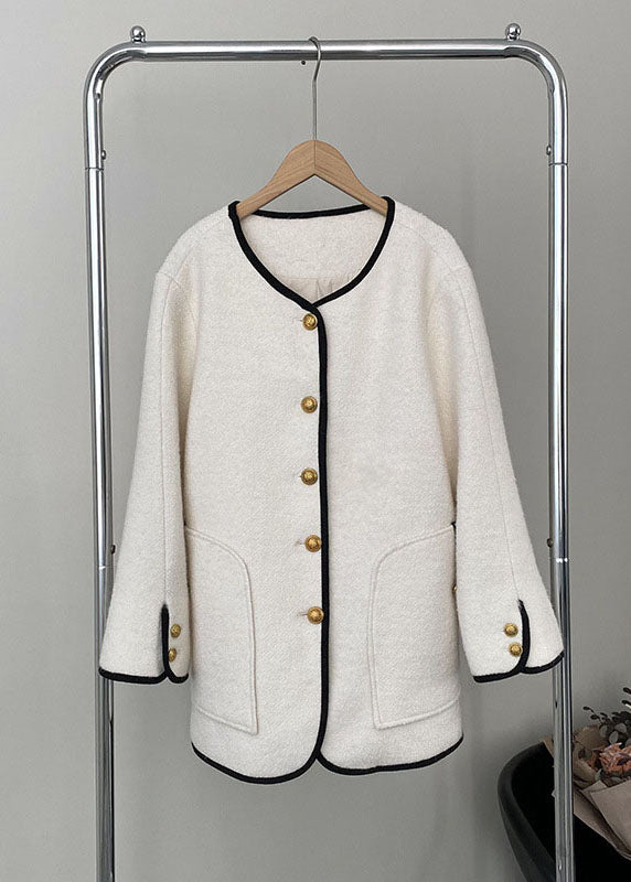 Elegant White Pockets Patchwork Woolen Coat Long Sleeve