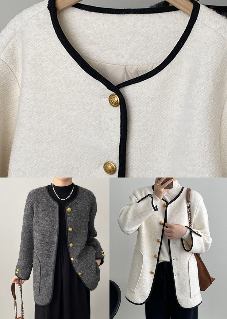 Elegant White Pockets Patchwork Woolen Coat Long Sleeve