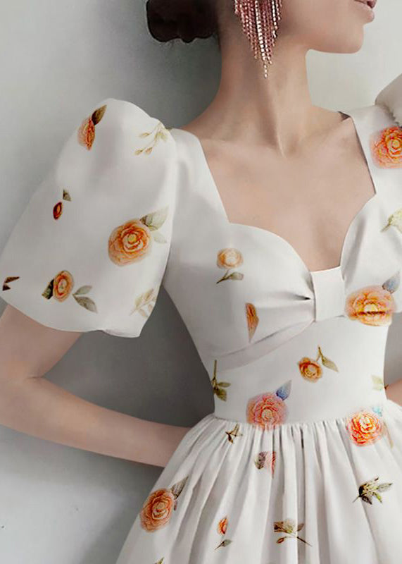 Elegant White Print High Waist Cotton Dresses Summer