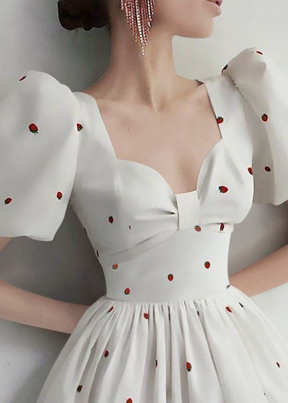 Elegant White Print High Waist Cotton Dresses Summer