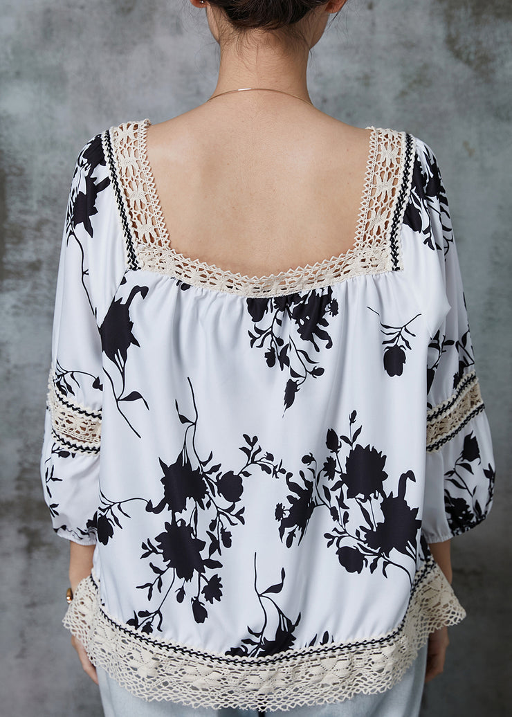 Elegant White Print Patchwork Lace Shirts Summer