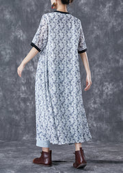 Elegant White Print Patchwork Pockets Cotton Long Dresses Summer