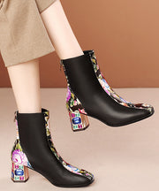 Elegant White Print Zircon Cowhide Leather Chunky Boots
