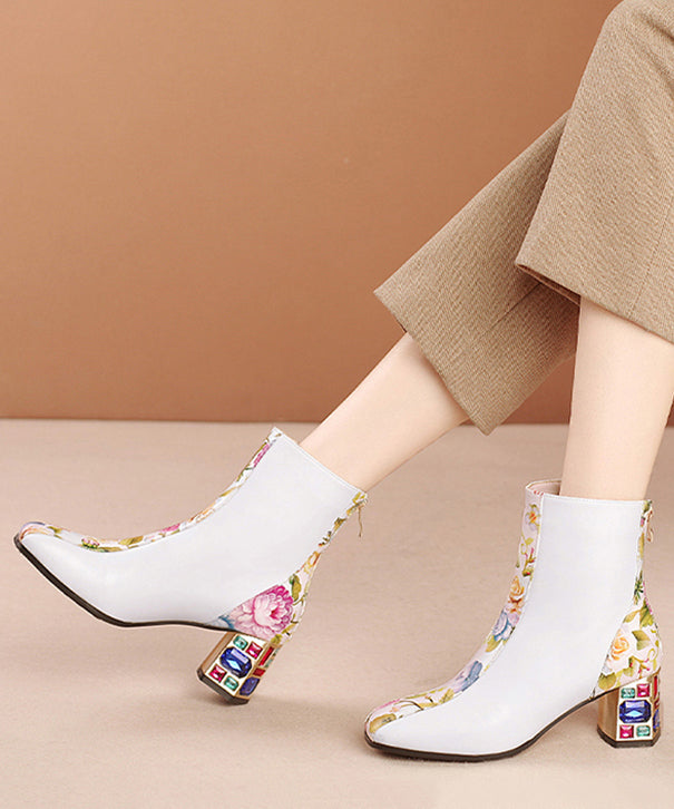 Elegant White Print Zircon Cowhide Leather Chunky Boots