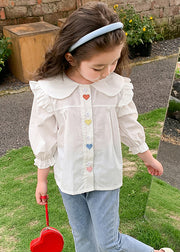 Elegant White Ruffled Button Cotton Girls Shirt Flare Sleeve