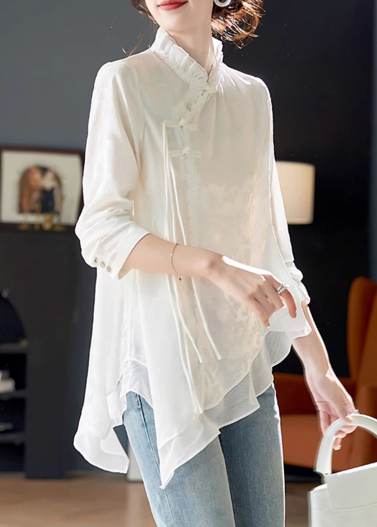 Elegant White Ruffled Chinese Button Chiffon Shirt Long Sleeve