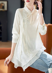 Elegant White Ruffled Chinese Button Chiffon Shirt Long Sleeve