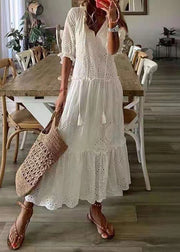 Elegant White Ruffled Hollow Out Cotton Party Dress Summer