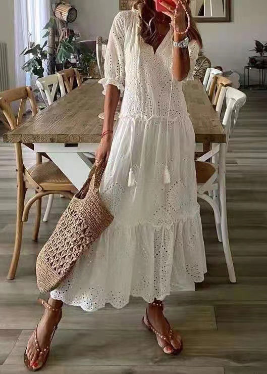 Elegant White Ruffled Hollow Out Cotton Party Dress Summer