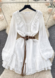 Elegant White Ruffled Lace Up Cotton Mid Dress Long Sleeve