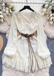 Elegant White Ruffled Lace Up Cotton Mid Dress Long Sleeve