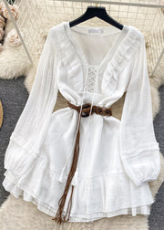 Elegant White Ruffled Lace Up Cotton Mid Dress Long Sleeve