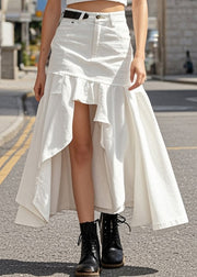 Elegant White Ruffled Low High Design Denim Skirts Spring