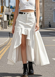 Elegant White Ruffled Low High Design Denim Skirts Spring