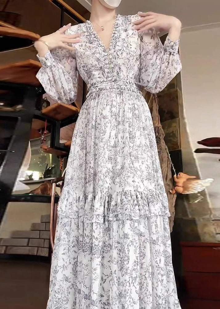 Elegant White Ruffled Print Chiffon Dress Long Sleeve