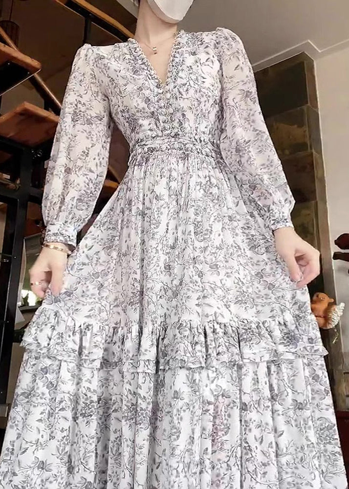 Elegant White Ruffled Print Chiffon Dress Long Sleeve