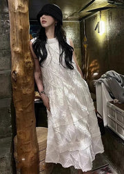 Elegant White Ruffled Solid Cotton Long Dress Sleeveless