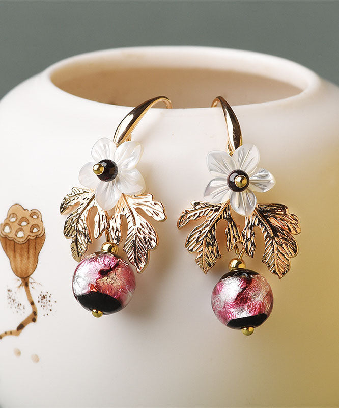 Elegant White Shell Flower Red Coloured Glaze Metal Drop Earrings