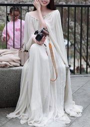Elegant White Slash Neck Wrinkled Cotton Maxi Dress Sleeveless