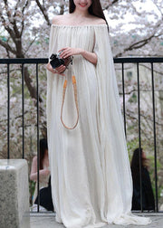 Elegant White Slash Neck Wrinkled Cotton Maxi Dress Sleeveless