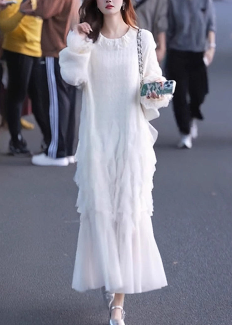 Elegant White Solid Tulle Patchwork Maxi Dresses Butterfly Sleeve