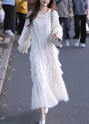 Elegant White Solid Tulle Patchwork Maxi Dresses Butterfly Sleeve