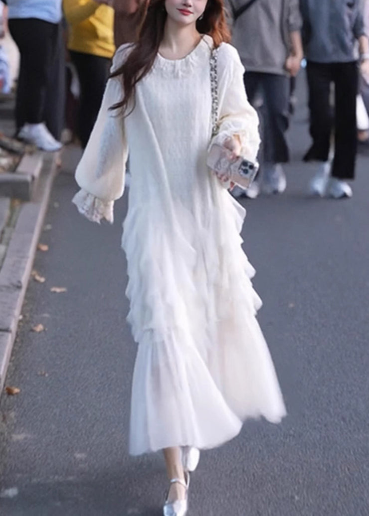 Elegant White Solid Tulle Patchwork Maxi Dresses Butterfly Sleeve