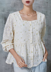 Elegant White Square Collar Embroidered Cotton Tops Spring