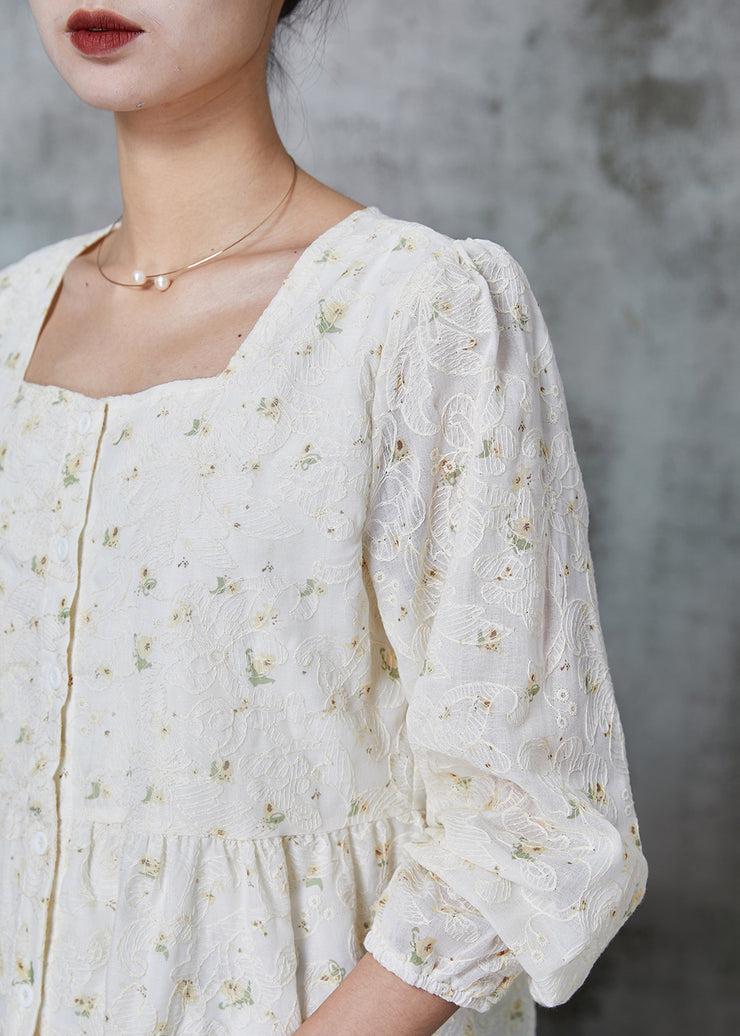 Elegant White Square Collar Embroidered Cotton Tops Spring