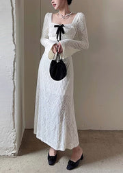 Elegant White Square Collar Hollow Out Cotton Long Dresses Spring