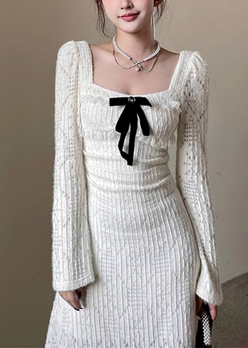 Elegant White Square Collar Hollow Out Cotton Long Dresses Spring