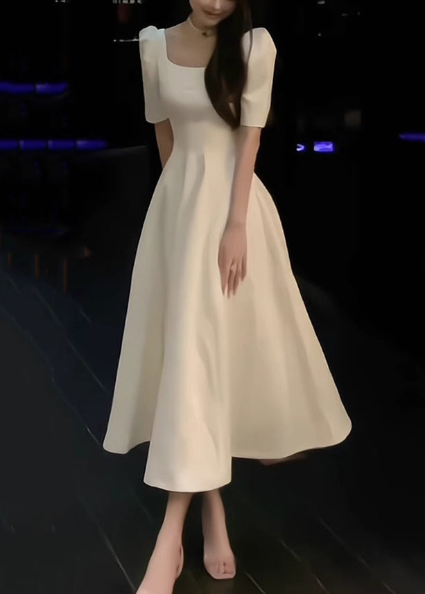 Elegant White Square Collar Solid Cotton Long Dress Summer