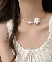 Elegant White Stainless Steel Pearl Rose Choker