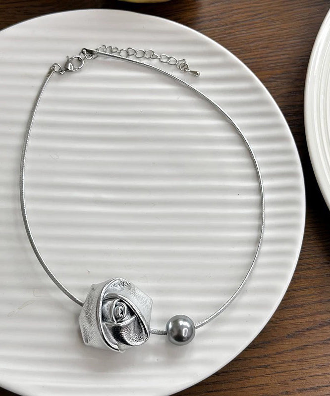 Elegant White Stainless Steel Pearl Rose Choker