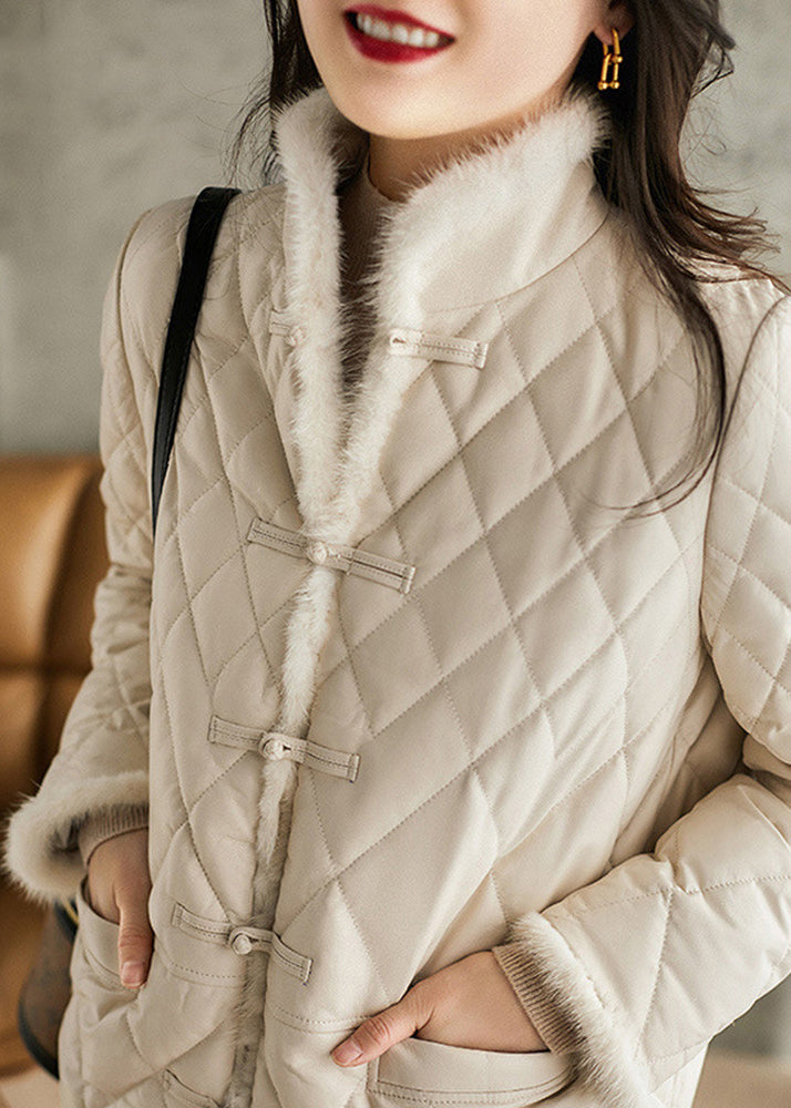 Elegant White Stand Collar Button Pockets Sheepskin Down Coat Long Sleeve