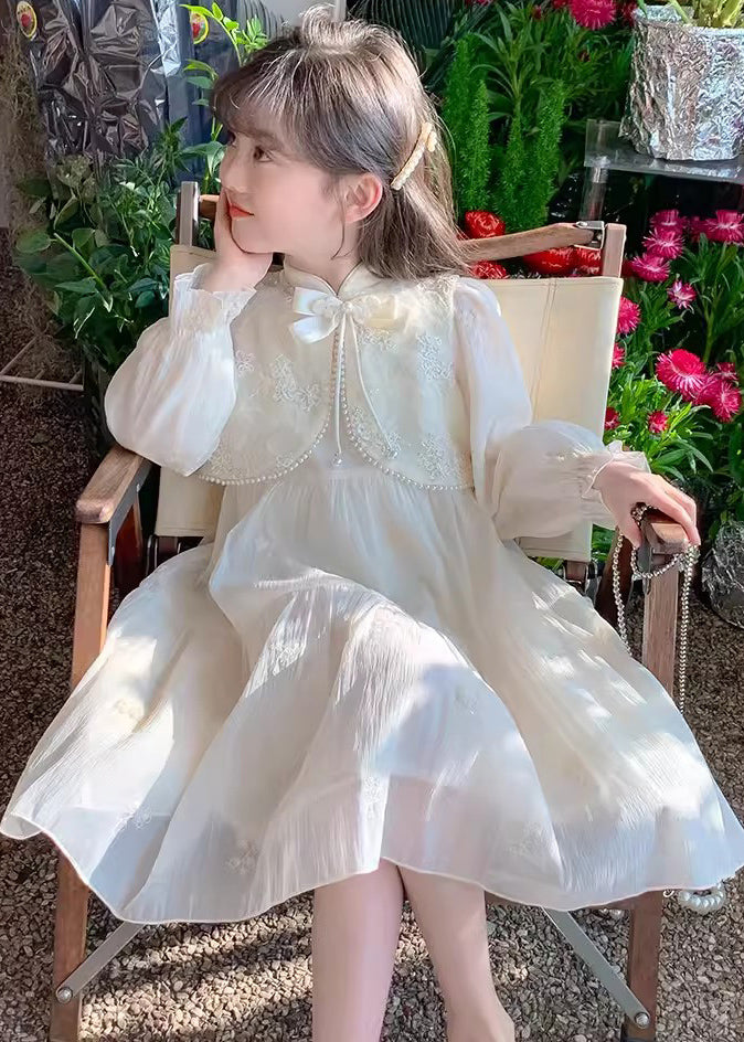 Elegant White Stand Collar Embroideried Kids Chiffon Long Dress Long Sleeve